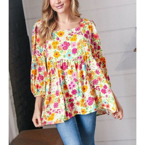 Haptics By Holly Harper Daffodil Square Neck Peplum Floral Challis Top Size 3X - Picture 1 of 9